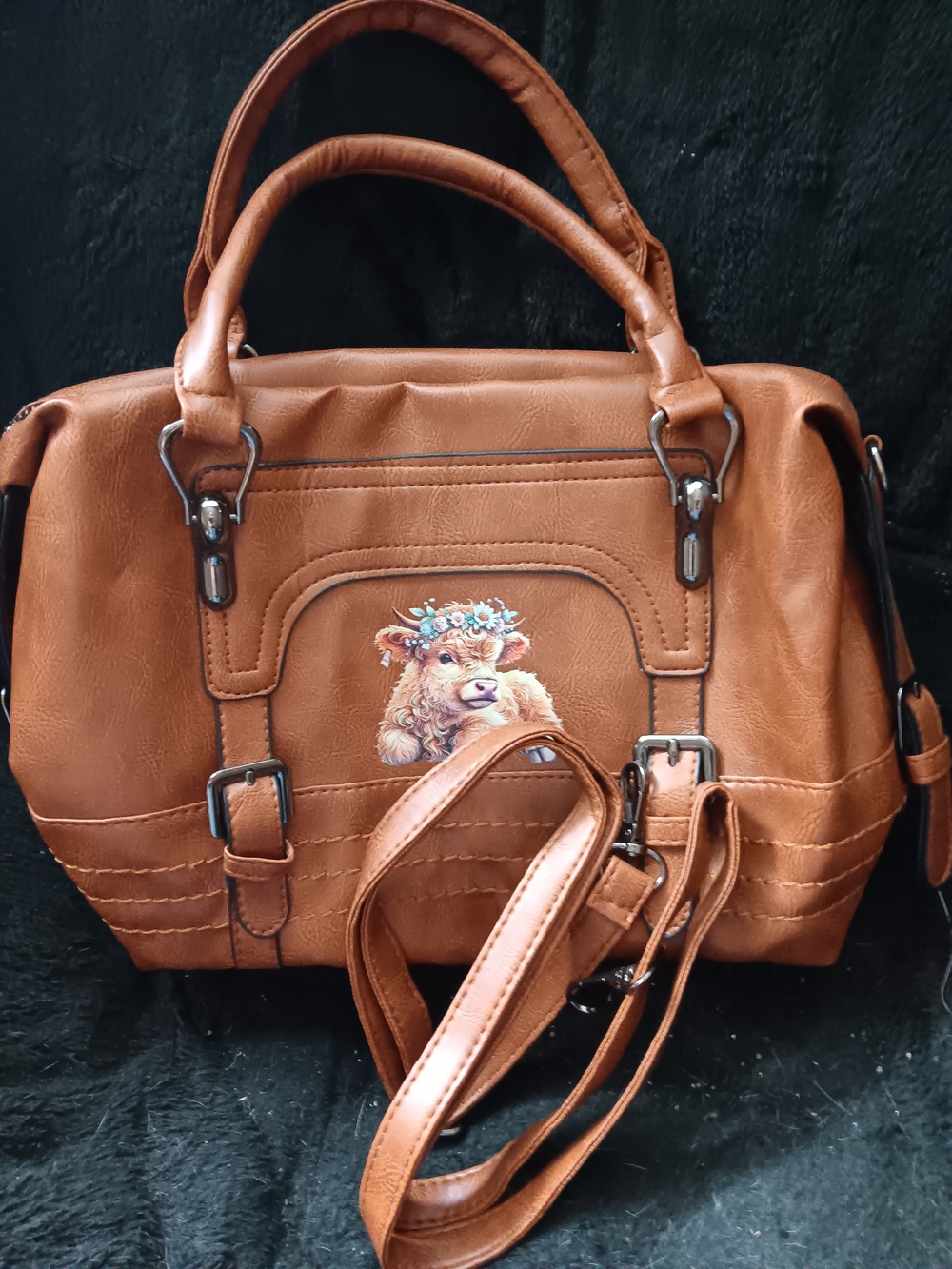 Brown Faux Leather Satchel Bag with Floral Calf Detail